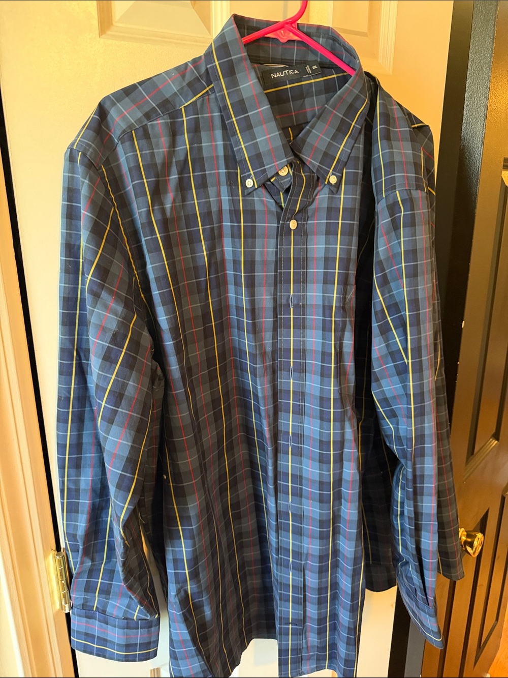 Nautica Navy Plaid Button-Down Shirt with Yellow and Red Accents